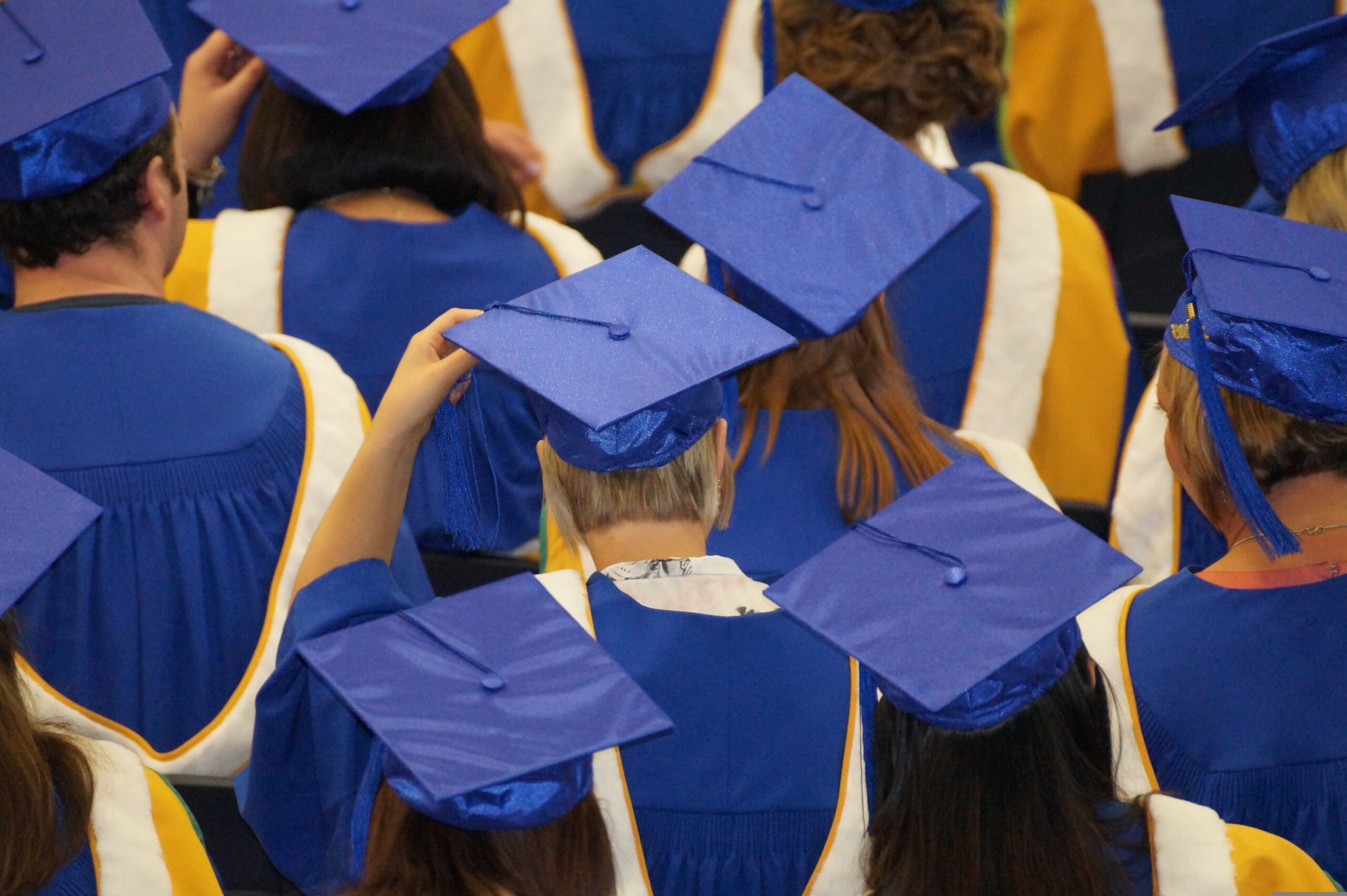Crowd of graduates with blue caps.